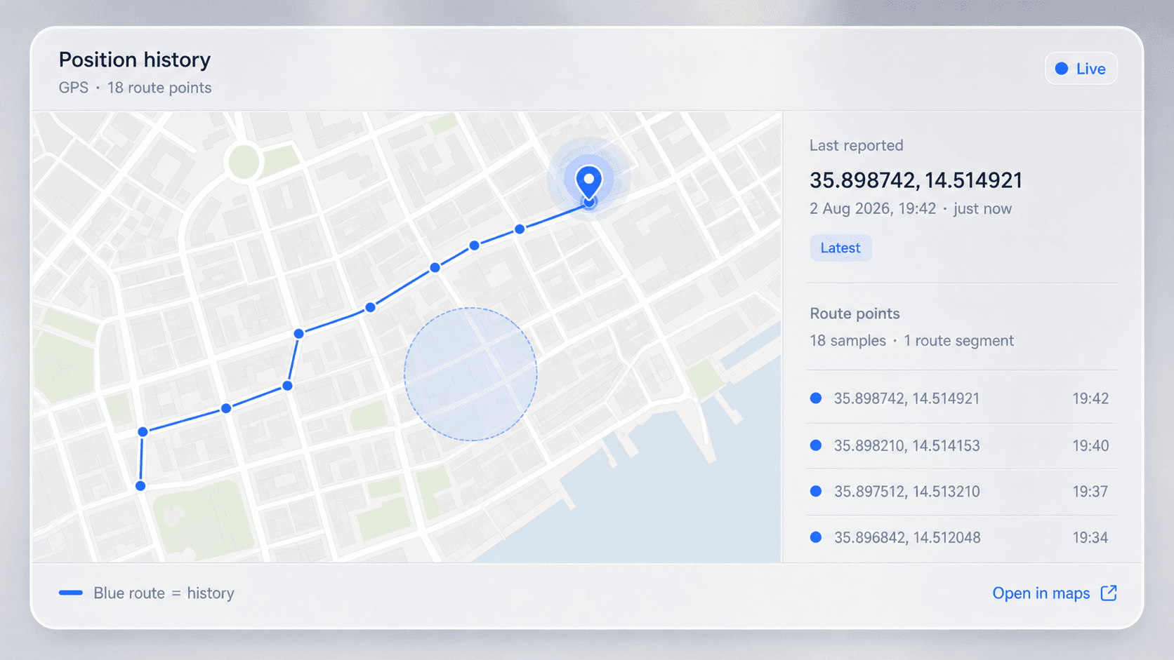 Device position history with route points and latest reported location