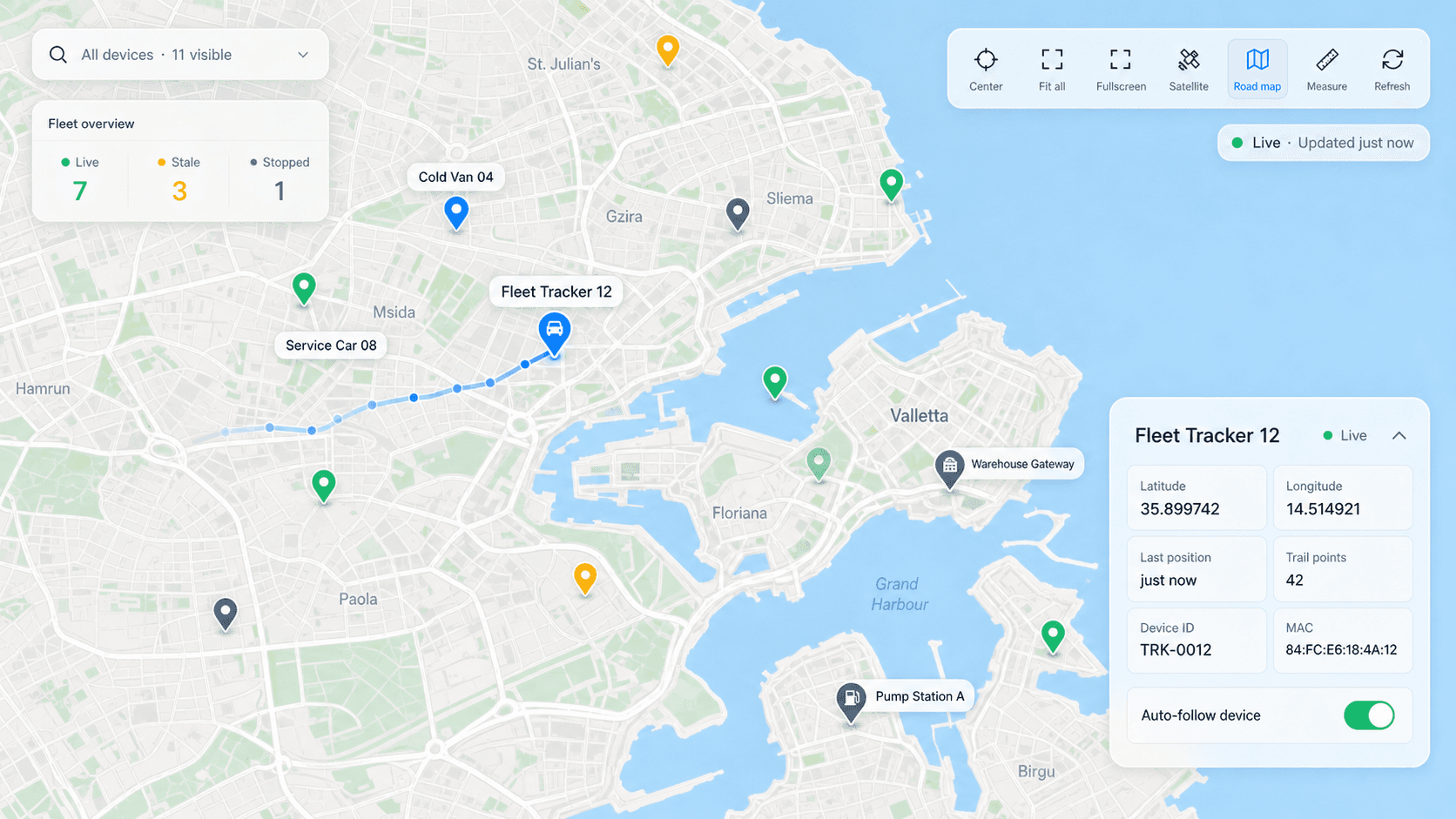 Teletra live fleet map showing current positions and movement trails